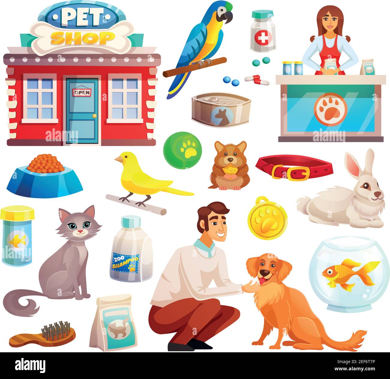 Pet shop decorative icons set with parrot rabbit dog and cat icons and goods for pets cartoon isolated vector illustration Stock Vector