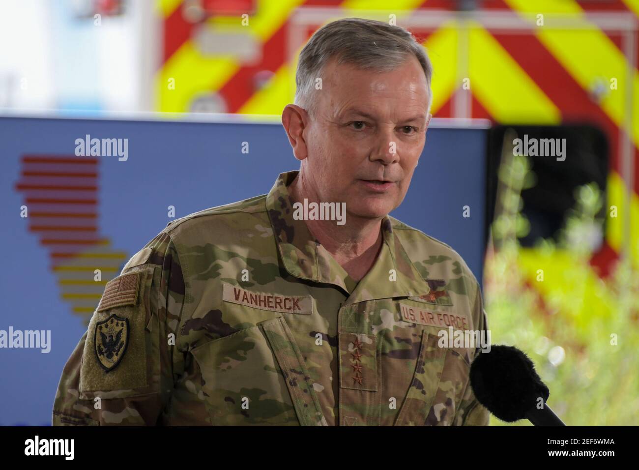 U.S. Air Force Gen. Glen D. VanHerck speaks during a press conference relating to the opening of a state and federal mass vaccination site set up on t Stock Photo