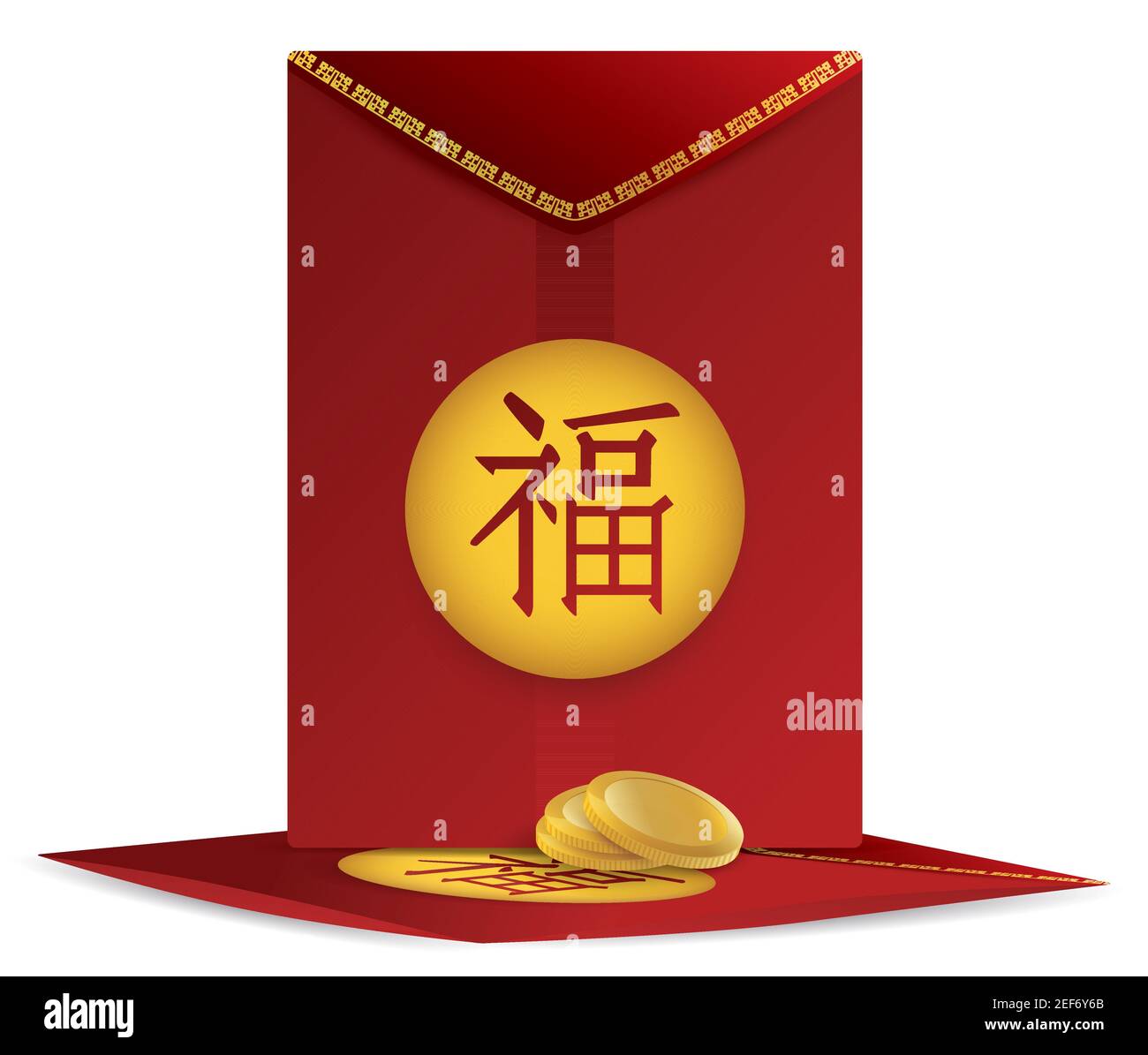 Couple of Chinese red envelopes decorated with button and prosperity symbol (in Chinese calligraphy) and golden coins, isolated over white background. Stock Vector