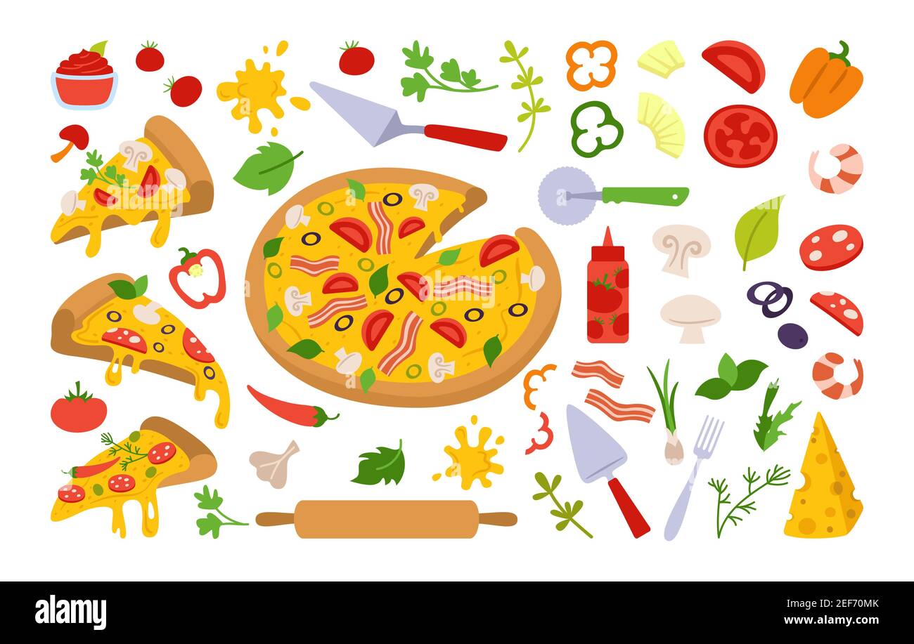 Pizza pieces and ingredients cartoon set. Italian hand drawn pizzas