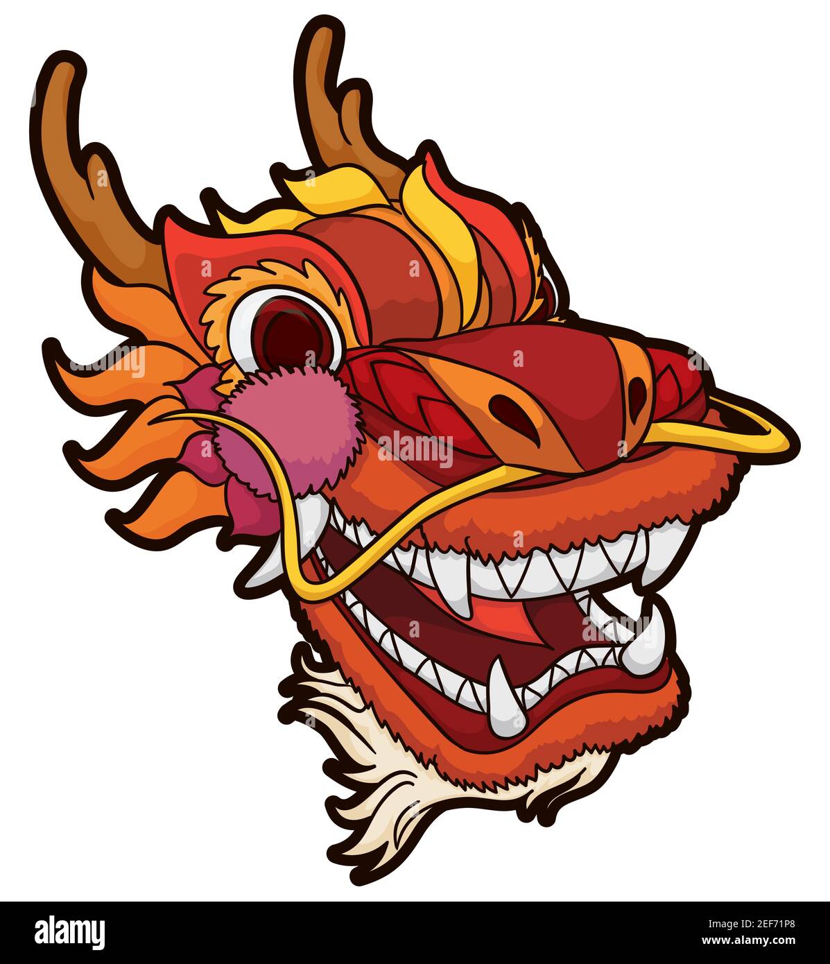 Chinese dragon head in red color, beard, horns and long whiskers with bold outline, isolated over white background. Stock Vector