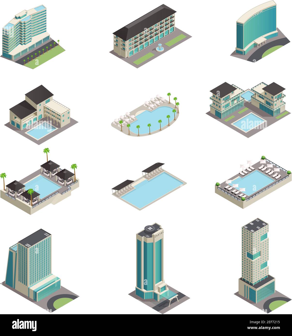 Luxury hotel buildings isometric icons with modern resort skyscrapers pools and relaxation area isolated vector illustration Stock Vector
