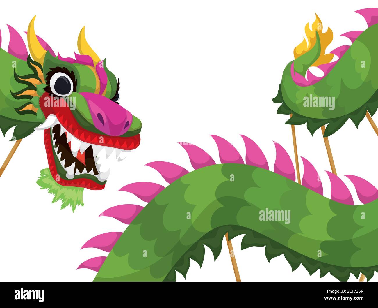 Long green dragon costume elevated with poles for dancers in Chinese holidays. Stock Vector