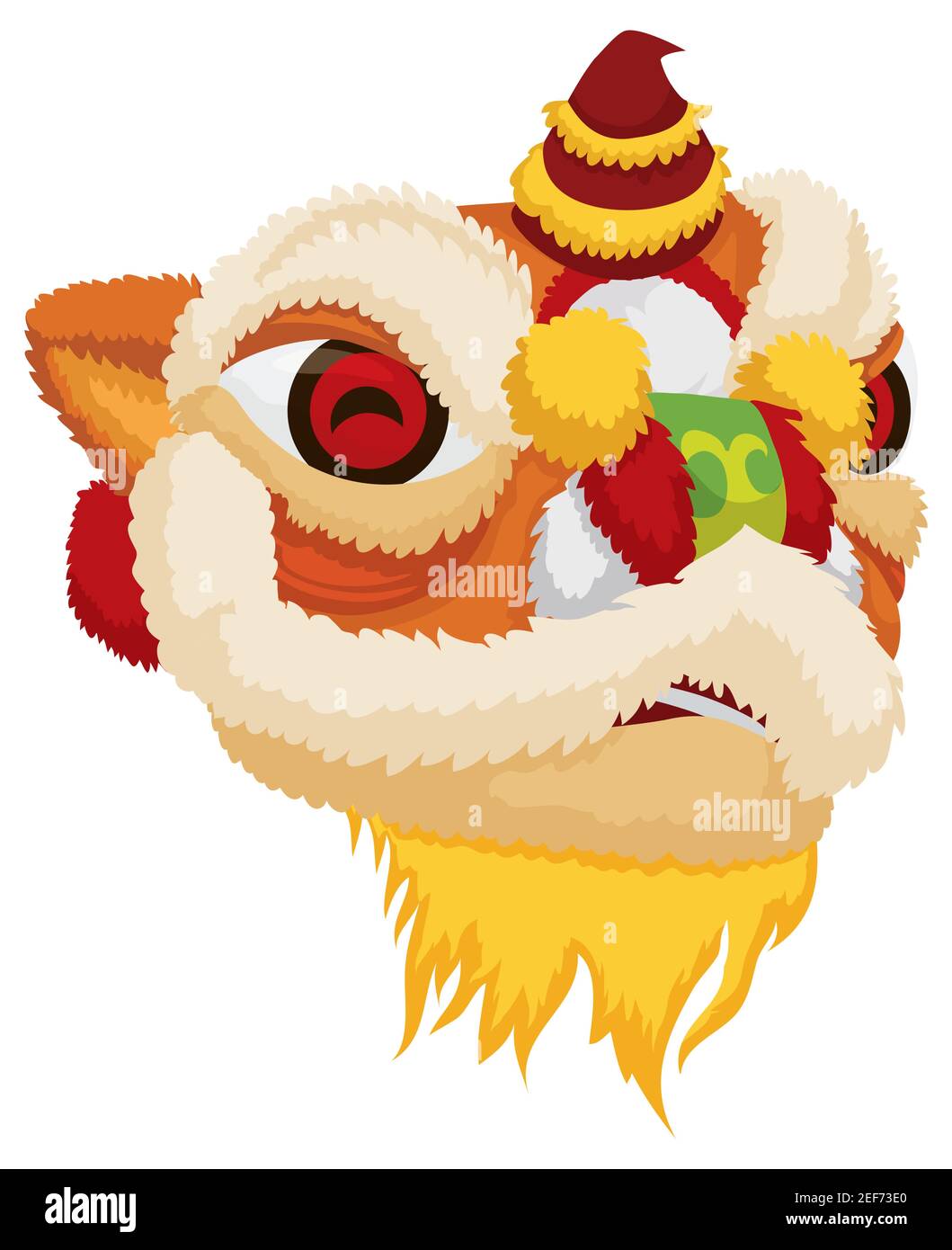 Traditional head of Southern Chinese lion for dance performances, with a horn, fur and beard. Stock Vector