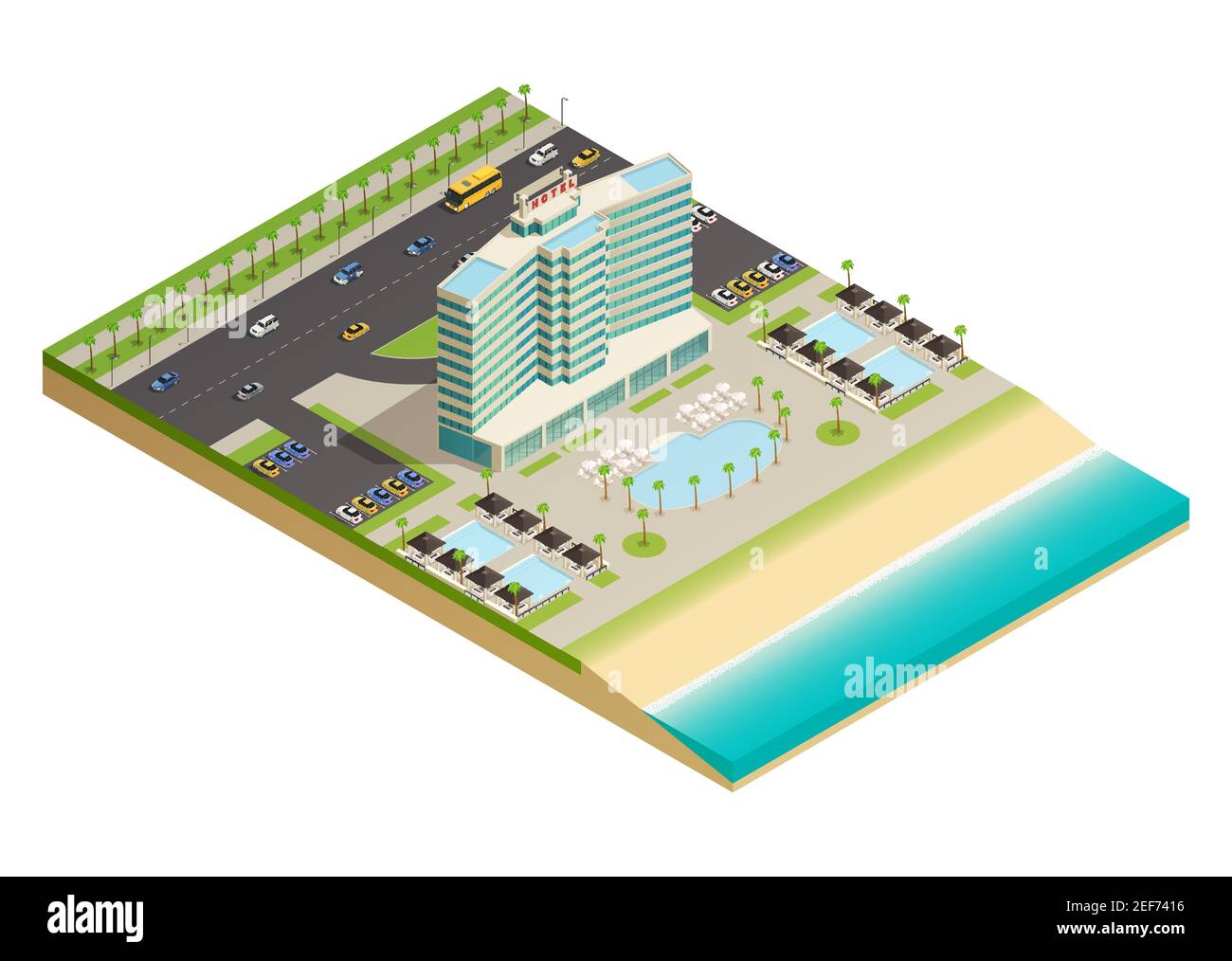 Luxury hotel building on sandy shores of ocean isometric composition with swimming pool and beach equipment vector illustration Stock Vector