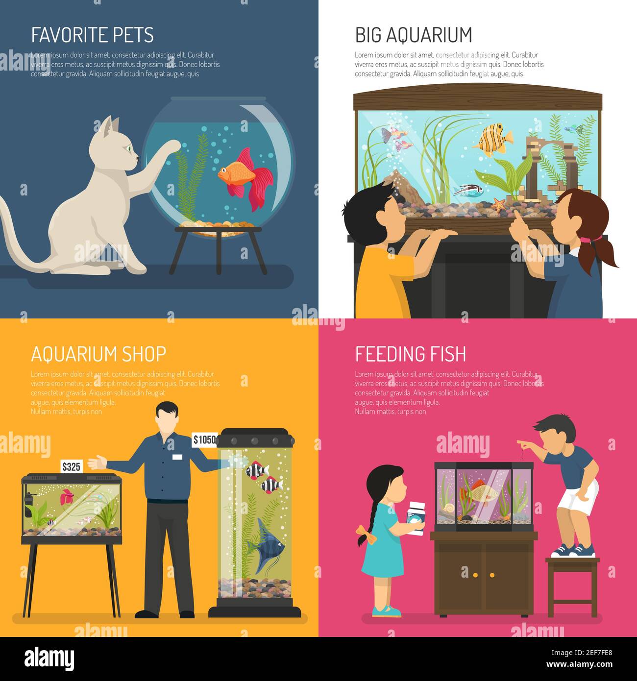 Aquarium design concept compositions set with flat images of aquarian and children characters with fish bowl vector illustration Stock Vector