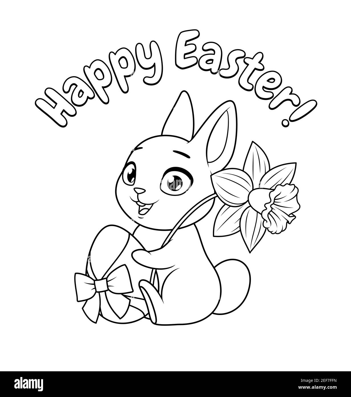 Cute bunny holding egg and daffodil. Happy Easter greeting cartoon vector coloring page. Stock Vector