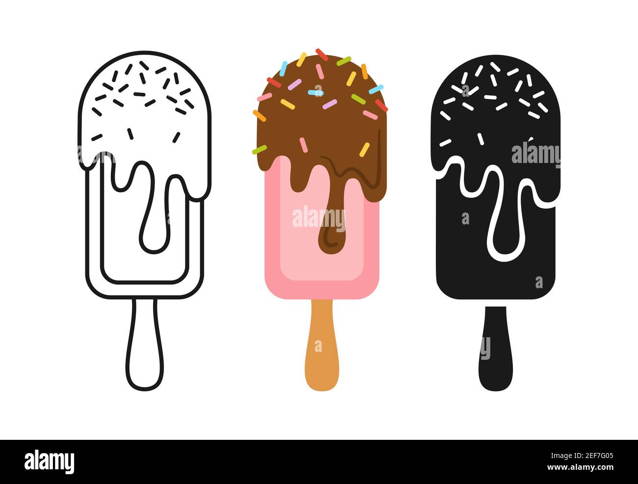 Ice Cream lolly with chocolate cartoon set line icon and black glyph ...