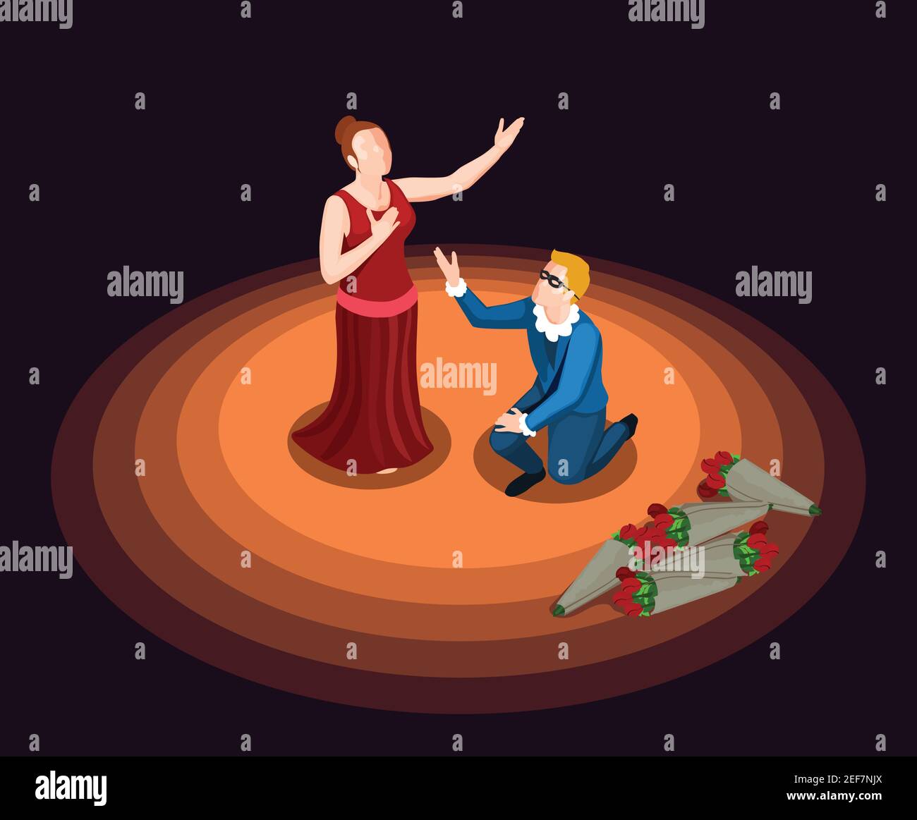 Theatre actor and actress in costumes performing at stage on black background 3d isometric icon vector illustration Stock Vector