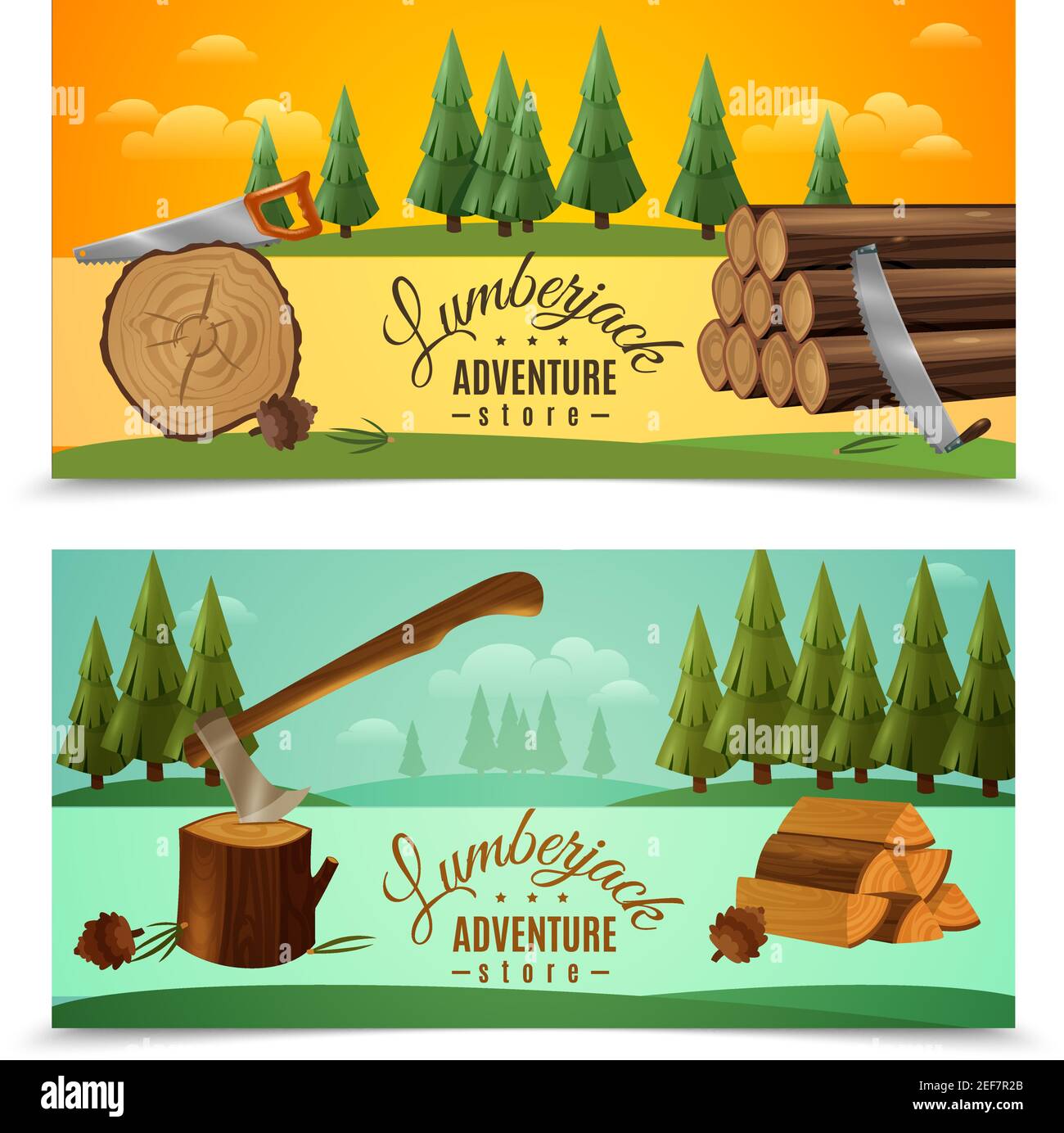 Lumberjack woodcutter outdoor adventures 2 banners set with ax saw and fairytale woodland background isolated vector illustration Stock Vector