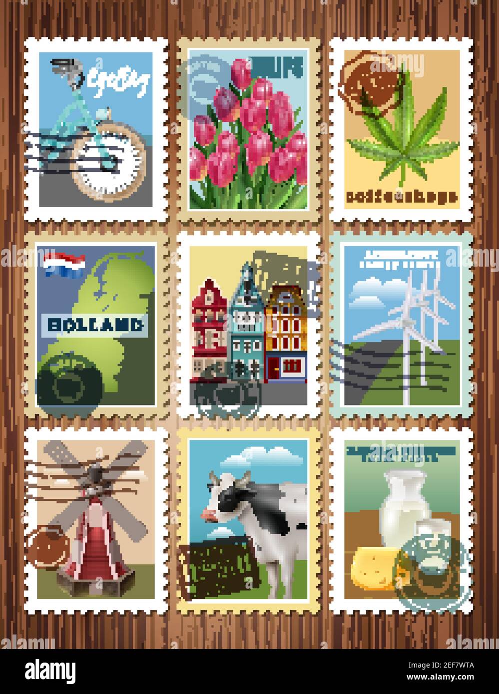 Dutch culture traditions colorful postage stamps set with windmill tulips amsteredam houses and cheese poster vector illustration Stock Vector