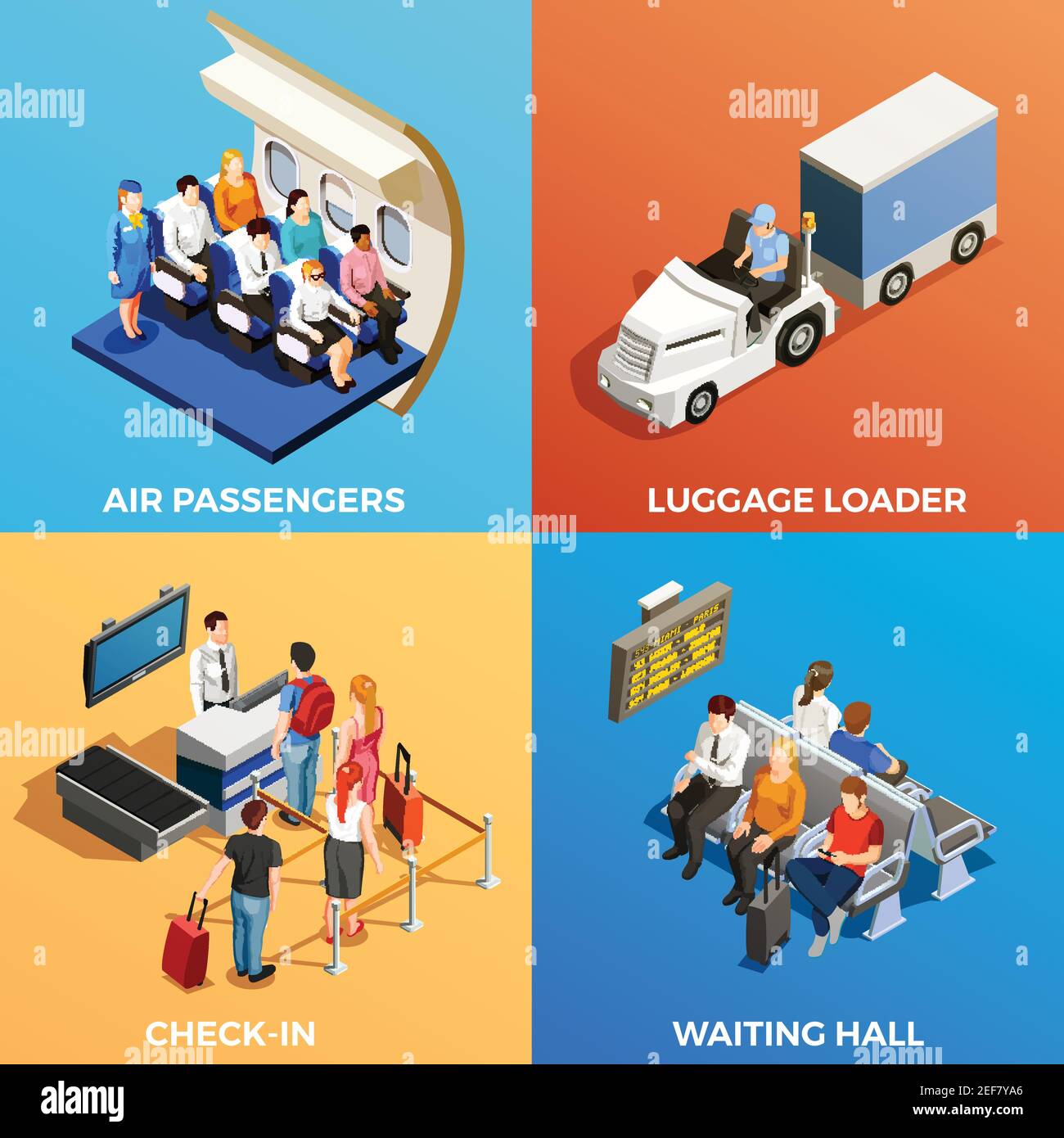 Isometric 2x2 design concept with set of scenes with people at airport ...
