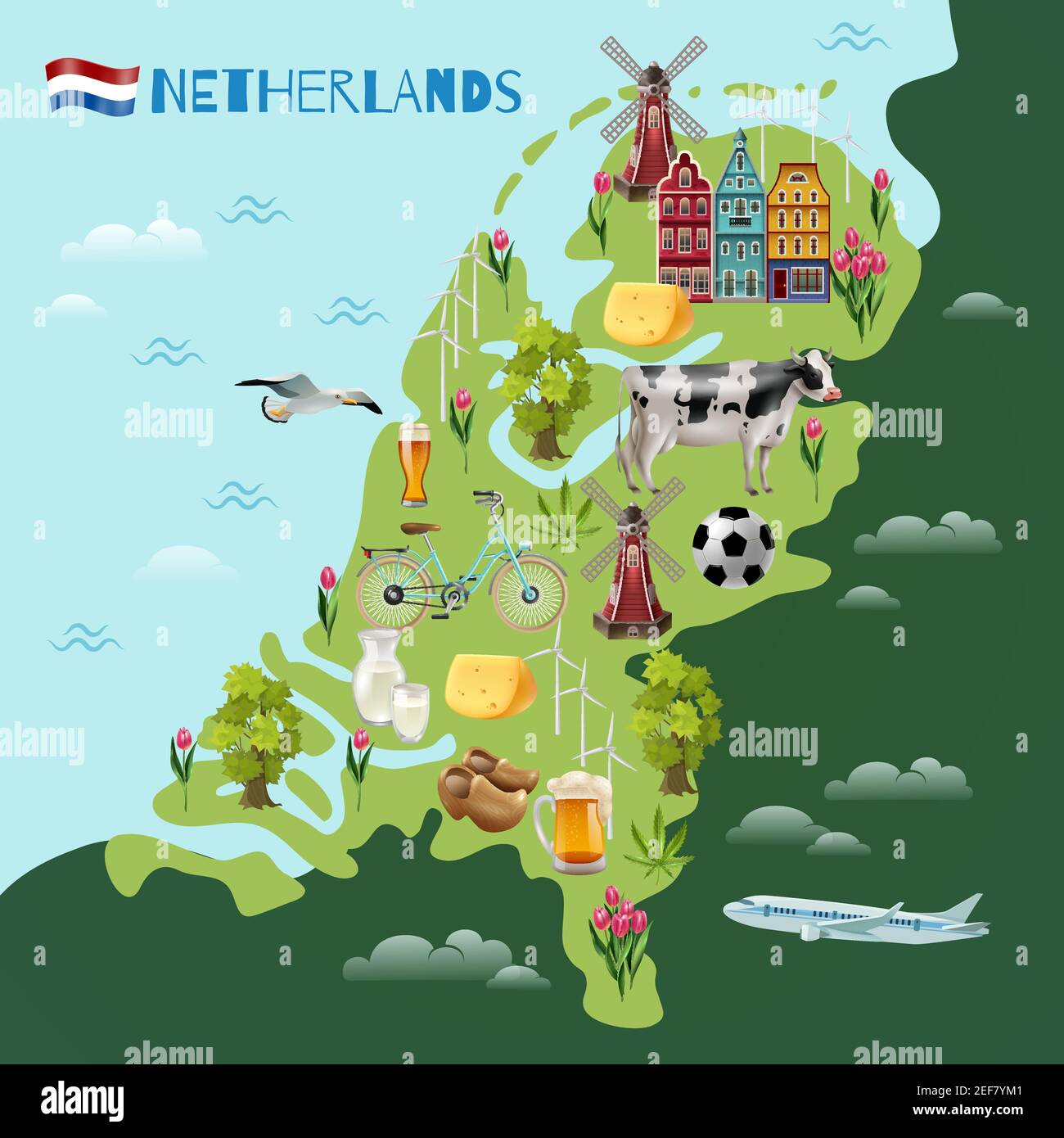 Holland travel sightseeing map with culture traditions national cheese beer clogs tulips and windmills symbols vector illustration Stock Vector