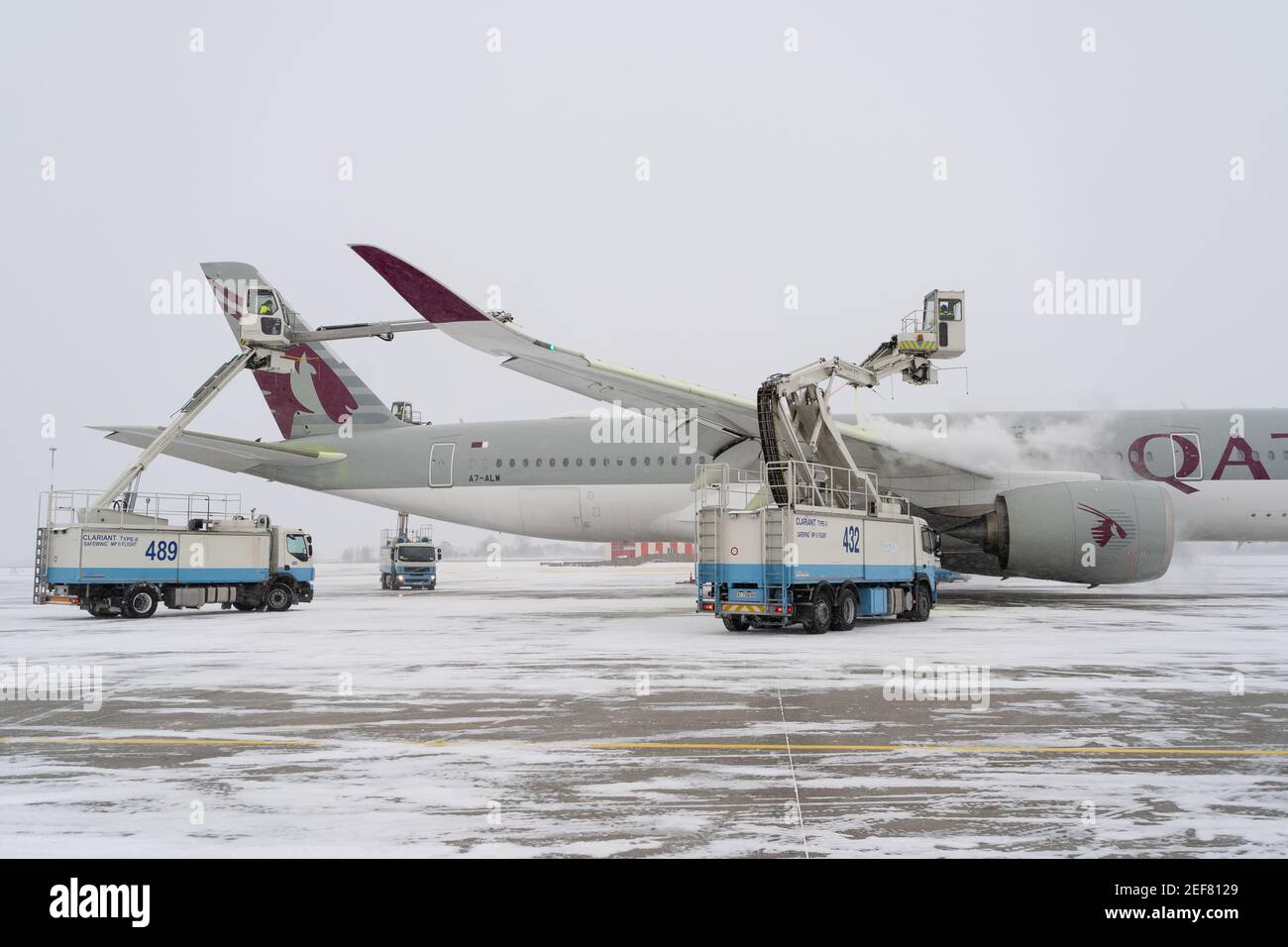 Ukraine, Kyiv February 12, 2021 Deicing the aircraft before the