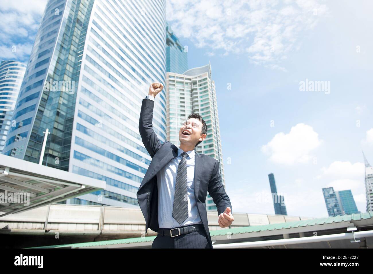 Businessman smiling and raising his fist in the air - success ...