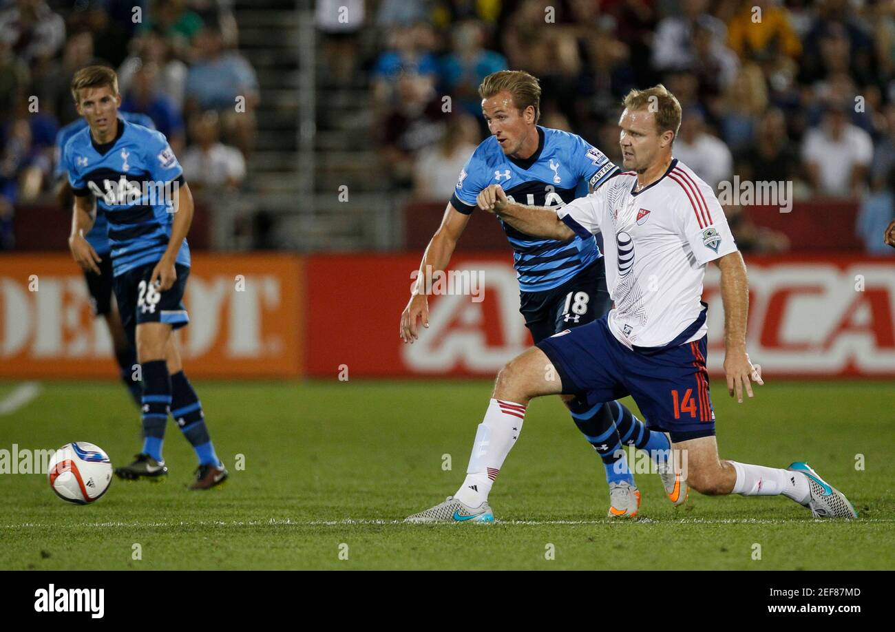 Football - MLS All-Stars v Tottenham Hotspur - AT&T MLS All Stars Game - Pre Season Friendly - Dick's Sporting Goods Park, Colorado, United States of America - 15/16 - 29/7/15  Tottenham Hotspur's Harry Kane in action with MLS All-Stars' Chad Marshall  Action Images via Reuters / Rick Wilking Stock Photo