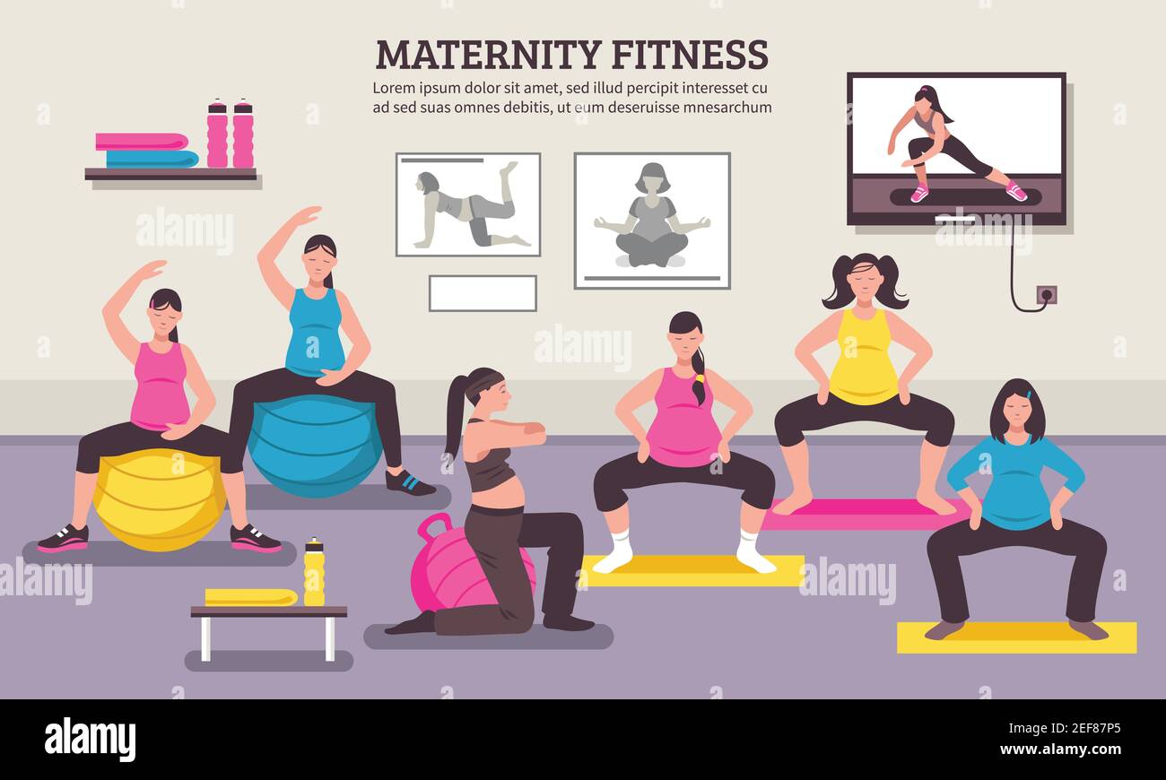 Maternity group fitness class flat poster with aerobic muscles and