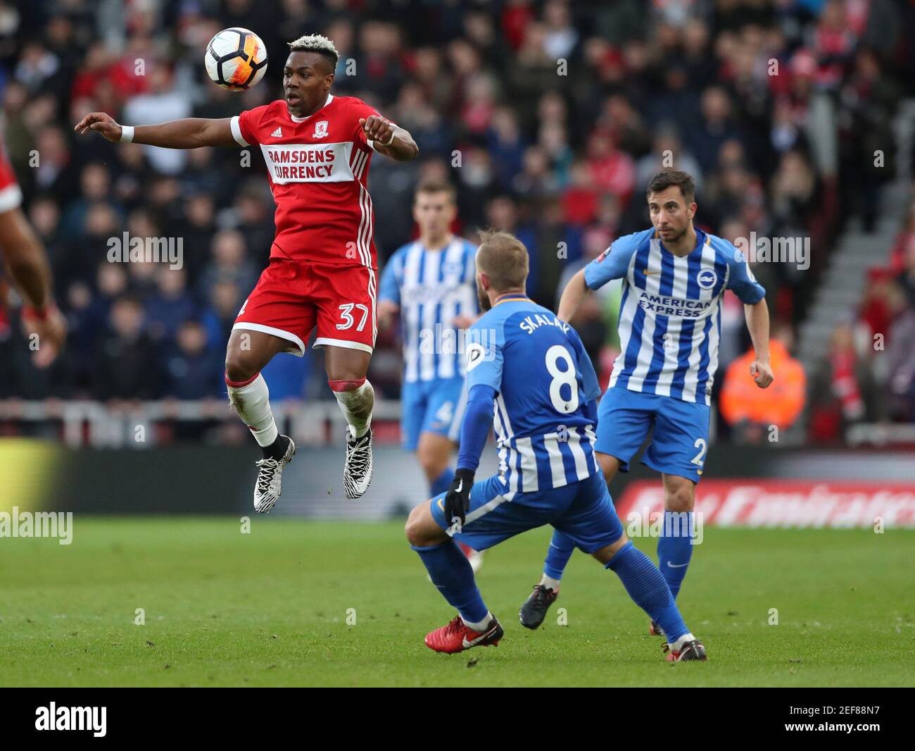 Soccer Football - FA Cup Fourth Round - Middlesbrough vs Brighton & Hove Albion - Riverside Stadium, Middlesbrough, Britain - January 27, 2018   Middlesbrough's Adama Traore in action with Brighton's Jiri Skalak and Markus Suttner   REUTERS/Scott Heppell Stock Photo