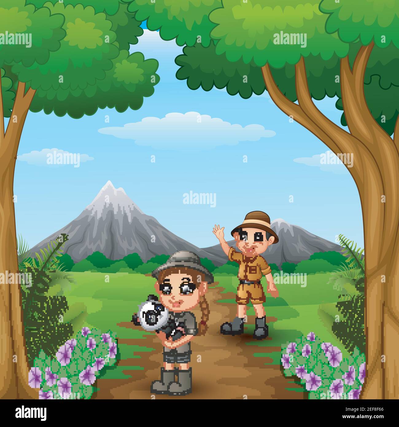 Vector Illustration Of Zookeeper Boy And Girl With Panda In The Jungle