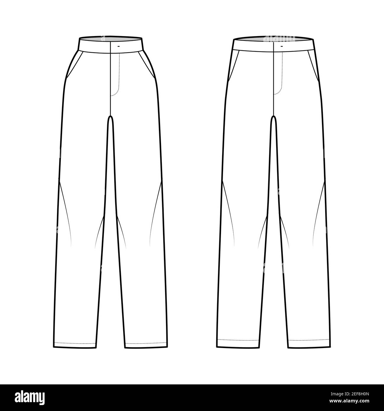 Set of Pants straight technical fashion illustration with flat front ...