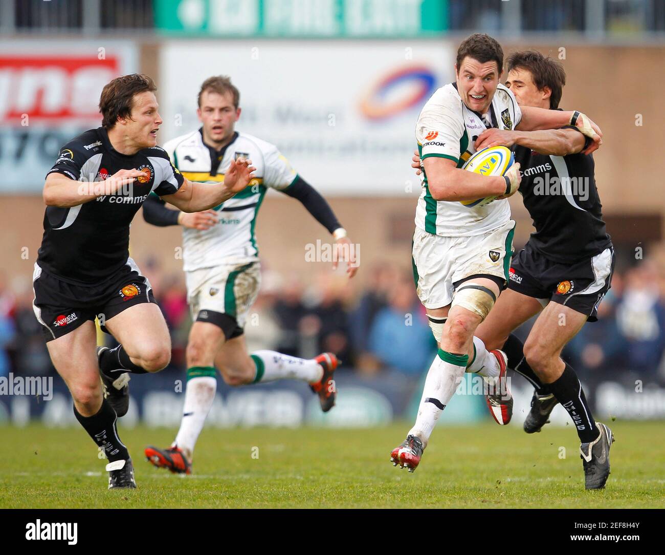 Rugby Union - Exeter Chiefs v Northampton Saints Aviva Premiership  - Sandy Park  - 22/4/12  Northampton Saints' Phil Dowson (2nd R) in action with Exeter Chiefs' Ignacio Mieres (R) and Bryan Rennie   Mandatory Credit: Action Images / James Benwell  Livepic Stock Photo