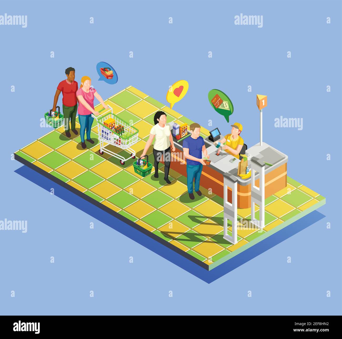 Isometric people shopping line composition of marketer human characters with trolleys carts and flat thought bubbles vector illustration Stock Vector