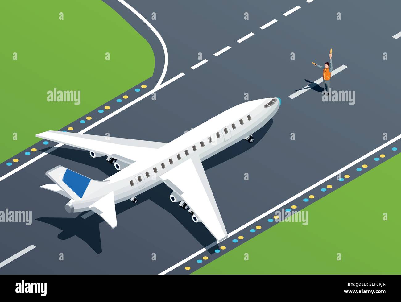 Plane on takeoff strip and airport employee 3d isometric vector illustration Stock Vector