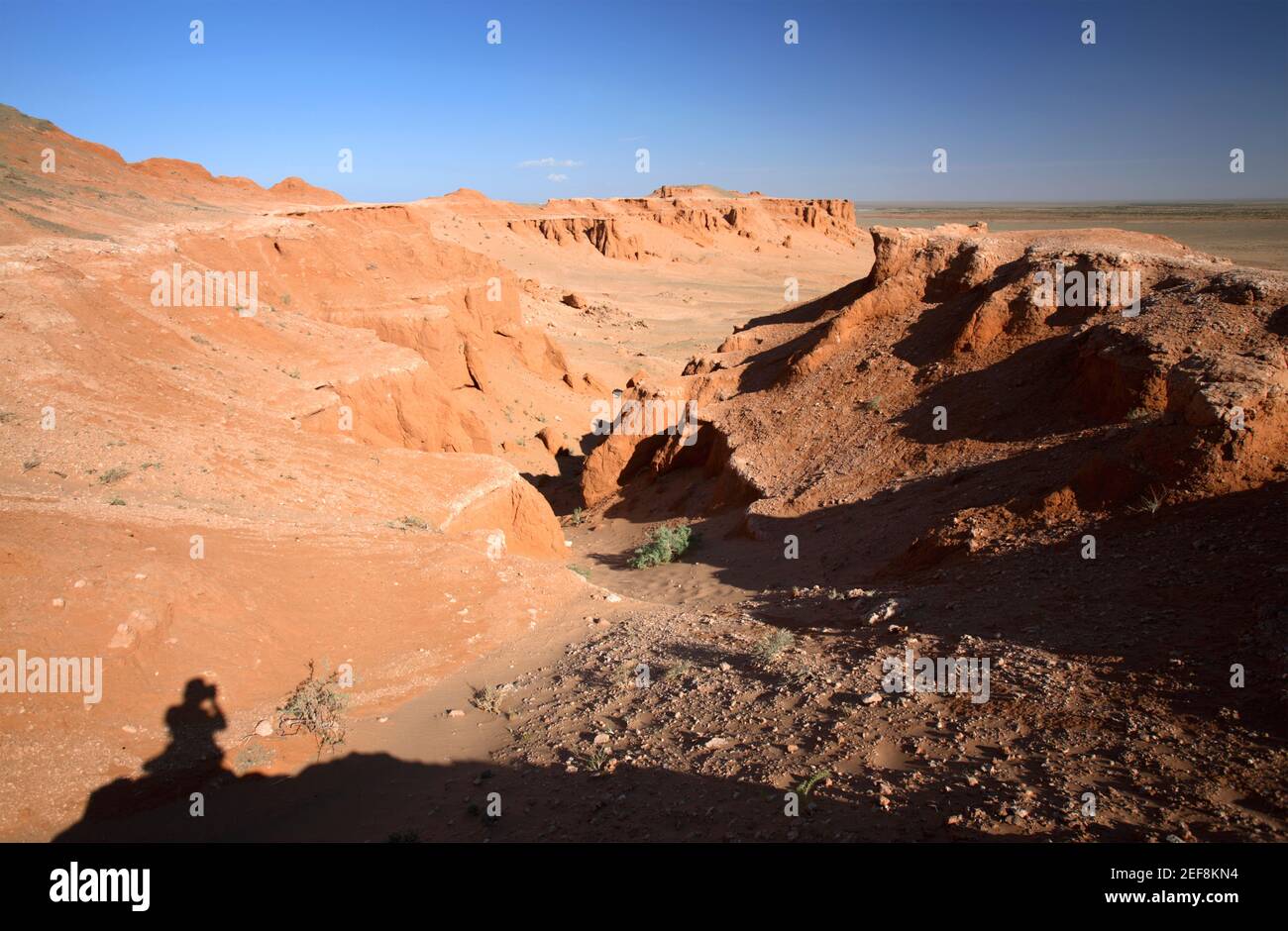 Panorama of the red earth of Bayanzag flaming cliffs, aka dinosaur cemetery, Gobi Desert, Mongolia Stock Photo
