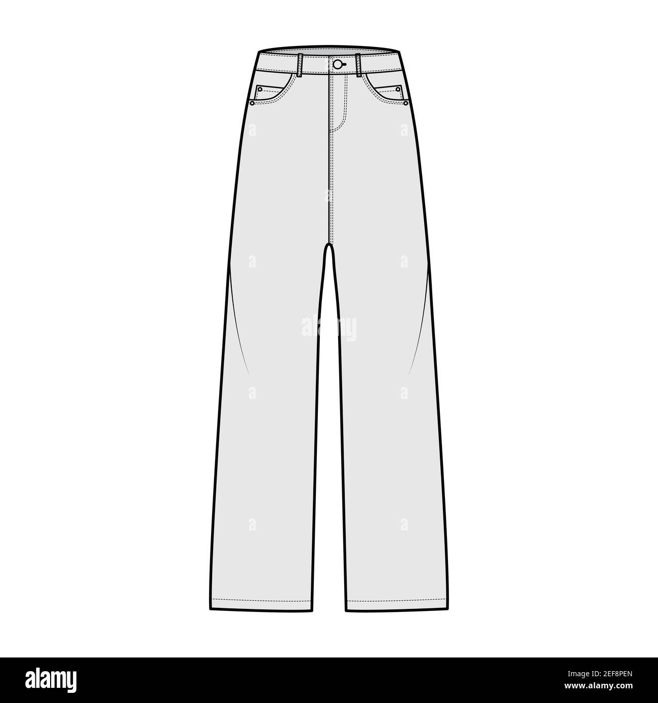 Baggy Jeans Denim pants technical fashion illustration with full length,  waist, rise, 5 pockets, Rivets, belt