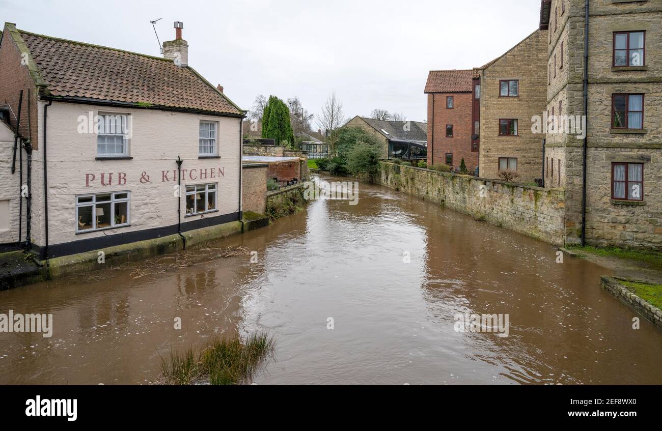 The Rose Inn in Pickering town teeters on the edge of flooding during Storm Dennis Stock Photo