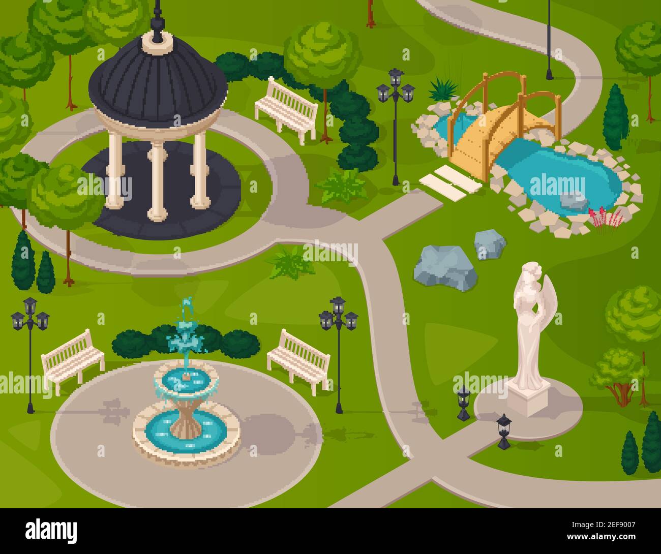 Park landscape isometric design composition with gazebo statue fountain ...