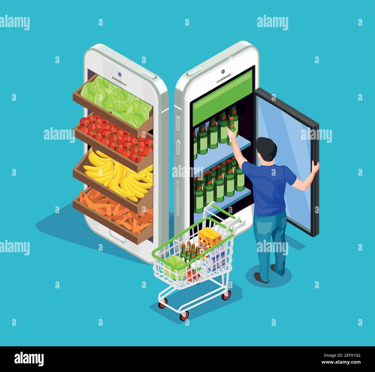 Man with full cart of products taking bottle out of fridge in form of mobile phone on blue background online shopping concept 3d isometric vector illu Stock Vector