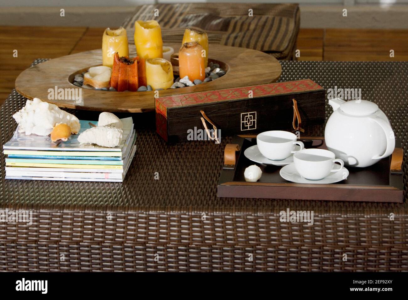 Serving tray and candles on a table Stock Photo Alamy