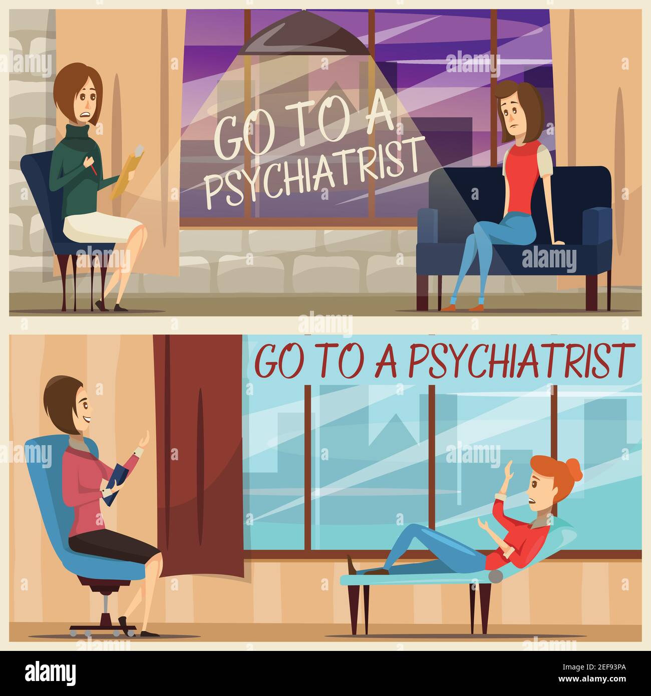 Horizontal flat banners with visit to psychiatrist including specialist and girl patient on couch isolated vector illustration Stock Vector