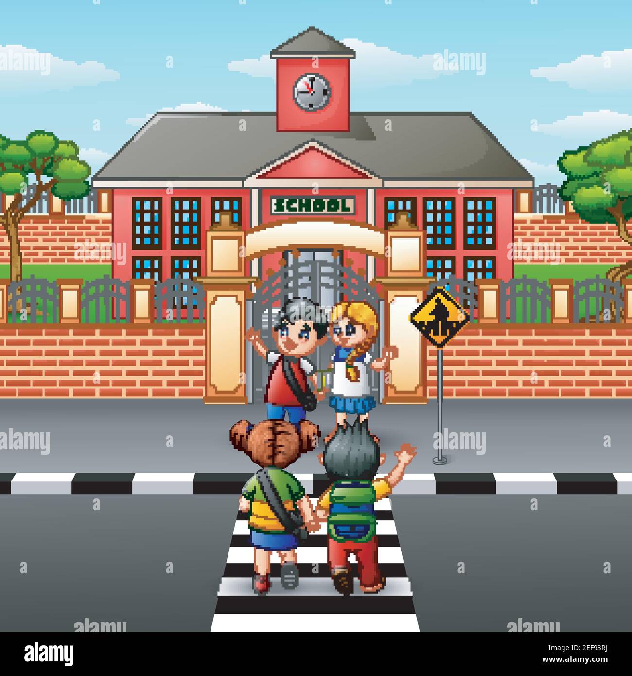 School children cross road on pedestrian crossing Vector Image