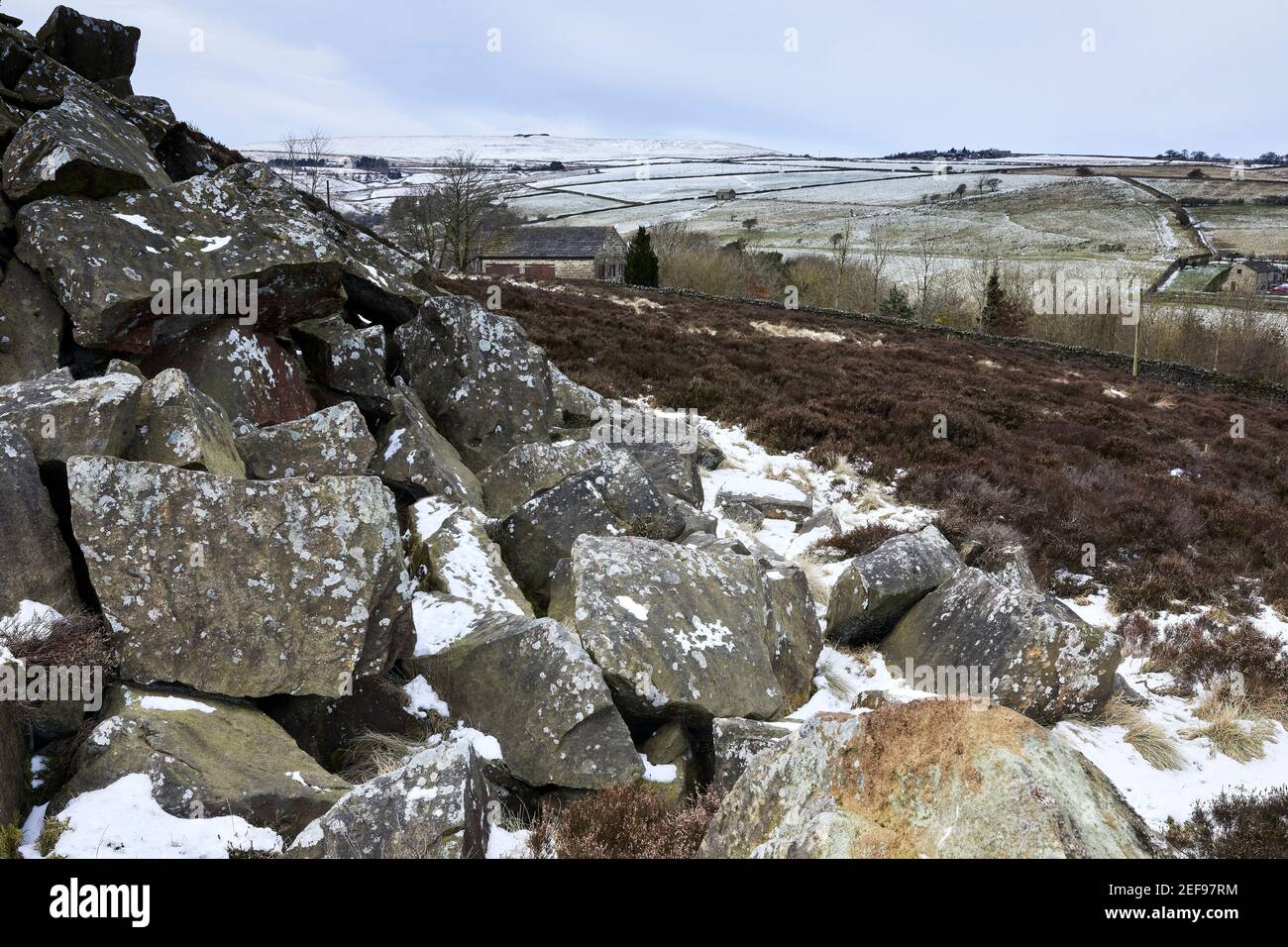 With tribute to the industrial past of Nidderdale, a view through discarded rocks and spoil heaps Stock Photo
