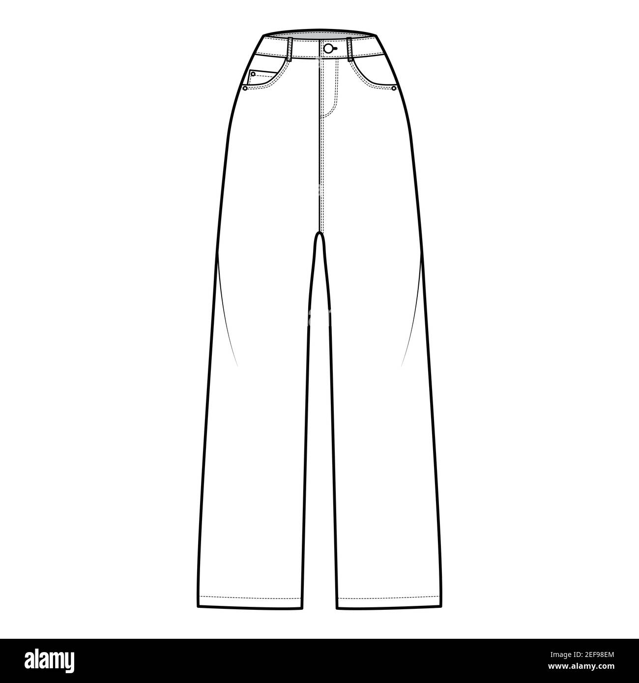 Jeans Denim pants fashion illustration with full normal waist, high rise, 5 pockets,