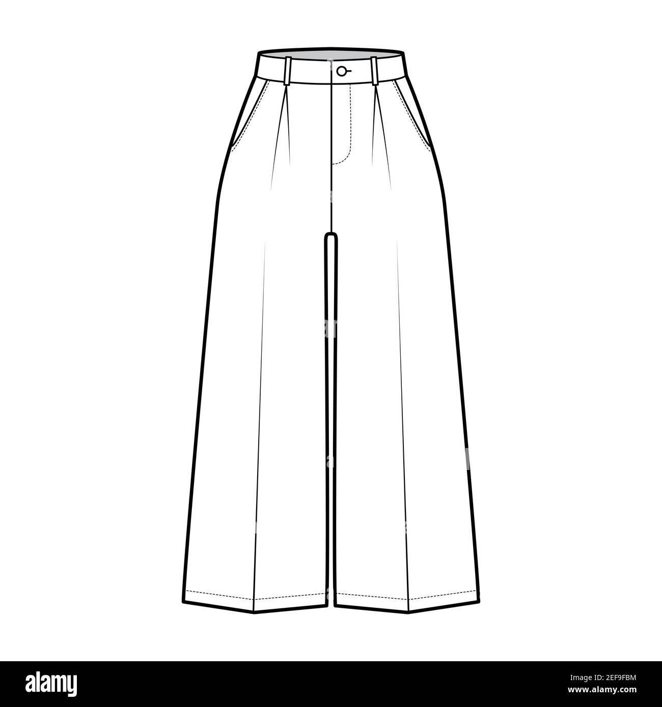 Pants capri technical fashion illustration with low waist, rise
