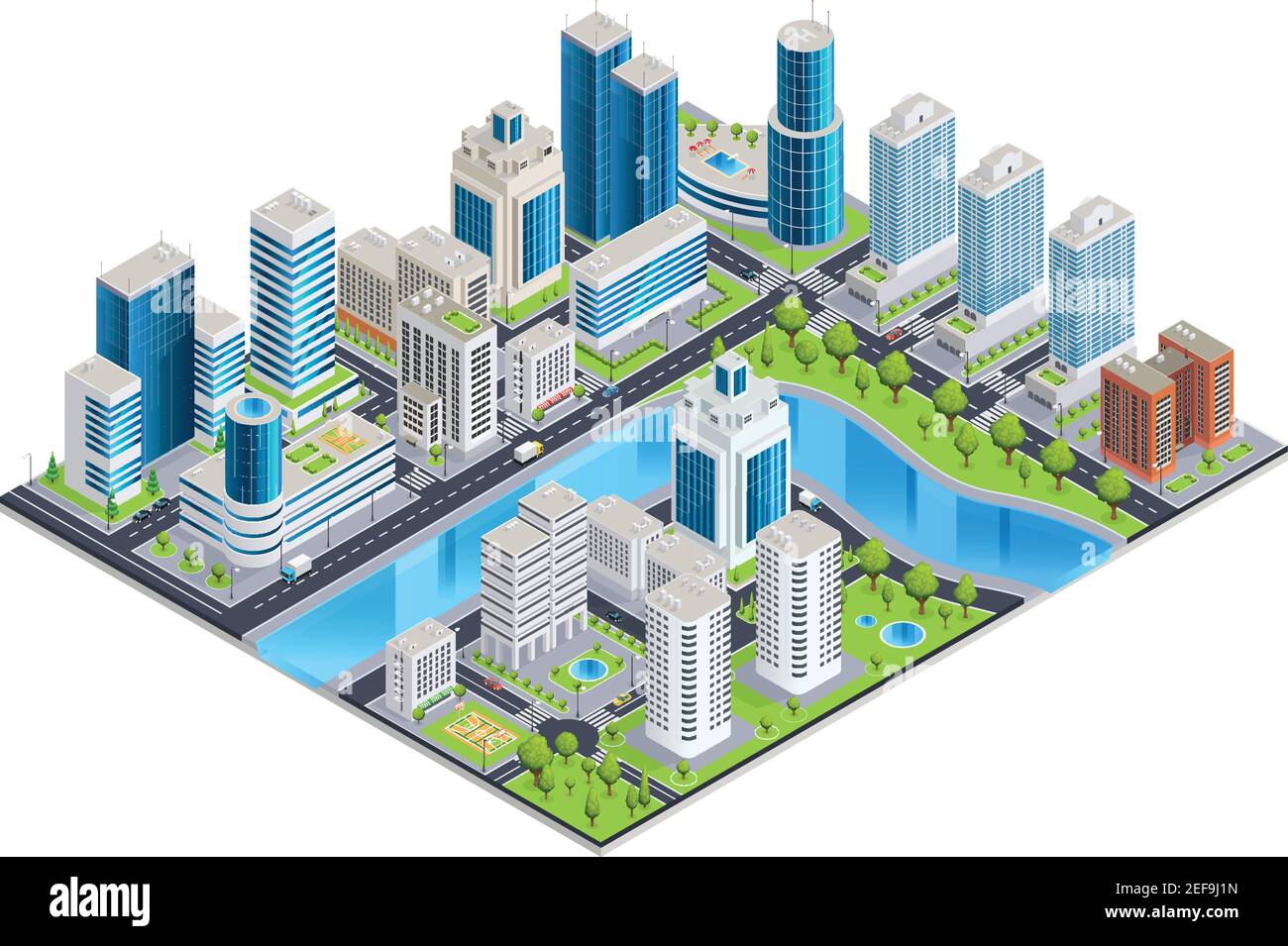Modern urban landscape isometric composition with skyline buildings streets river and park zone vector illustration Stock Vector