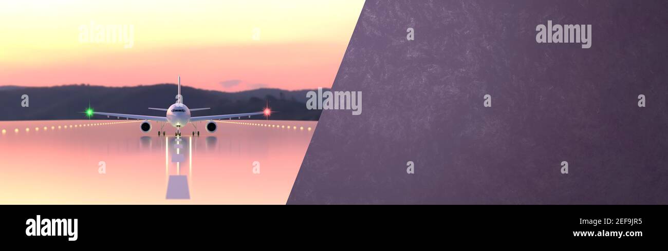 A passenger plane on the runway at a pink sunset. The road is wet with reflection. A banner with an airbus and a purple copy space. Travel concept. 3D Stock Photo