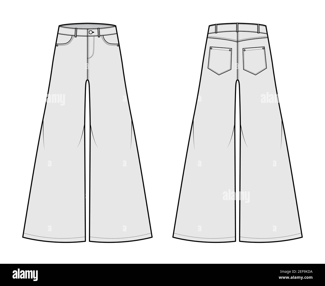 Jeans Baggy wide Pants Denim technical fashion illustration with full ...