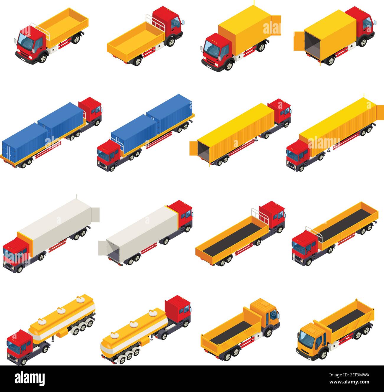 Truck isometric set of isolated commercial motor vehicle images with