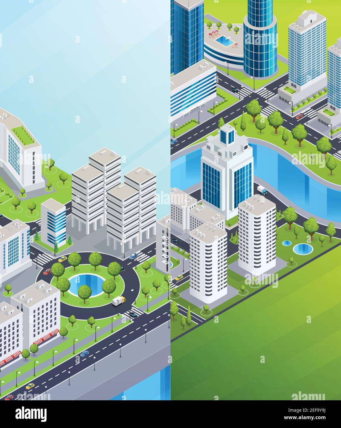 City infrastructure isometric vertical banners with business skyscrapers shopping centers and residential buildings vector illustration Stock Vector