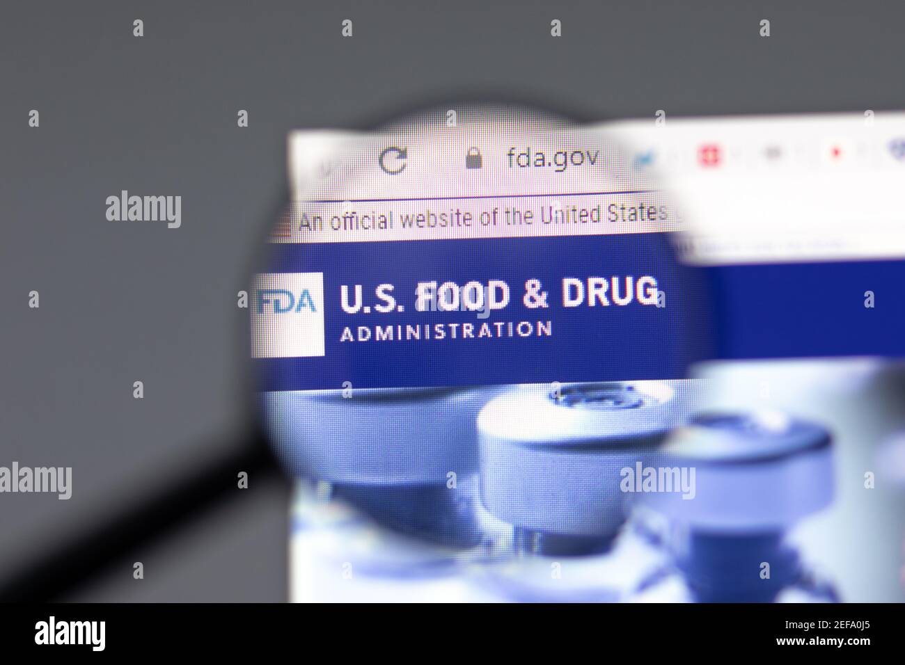 New York, USA - 15 February 2021: FDA US Food and Drug website in browser with company logo, Illustrative Editorial Stock Photo