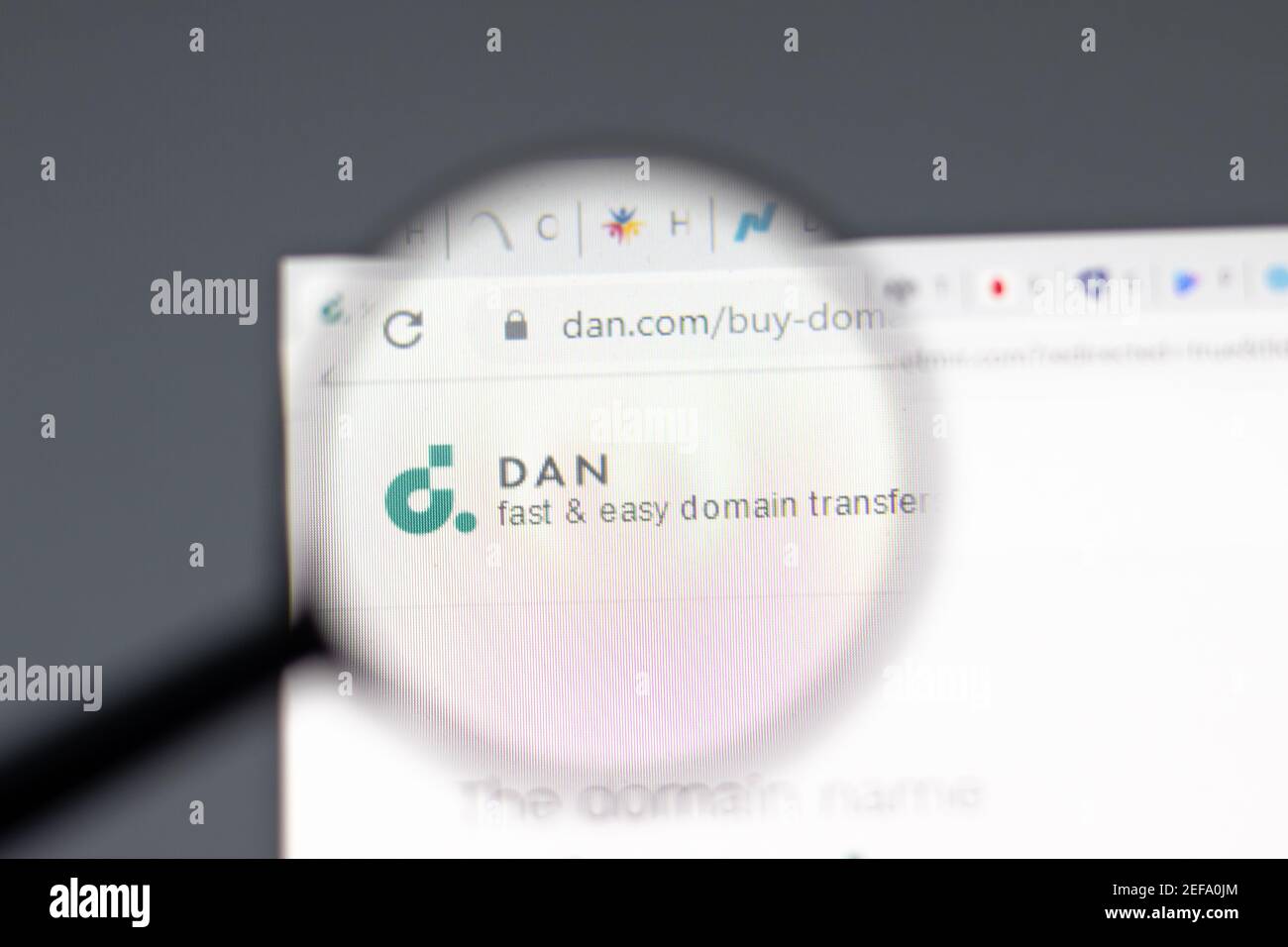 New York, USA - 15 February 2021: Dan Domain Transfer website in browser with company logo, Illustrative Editorial Stock Photo