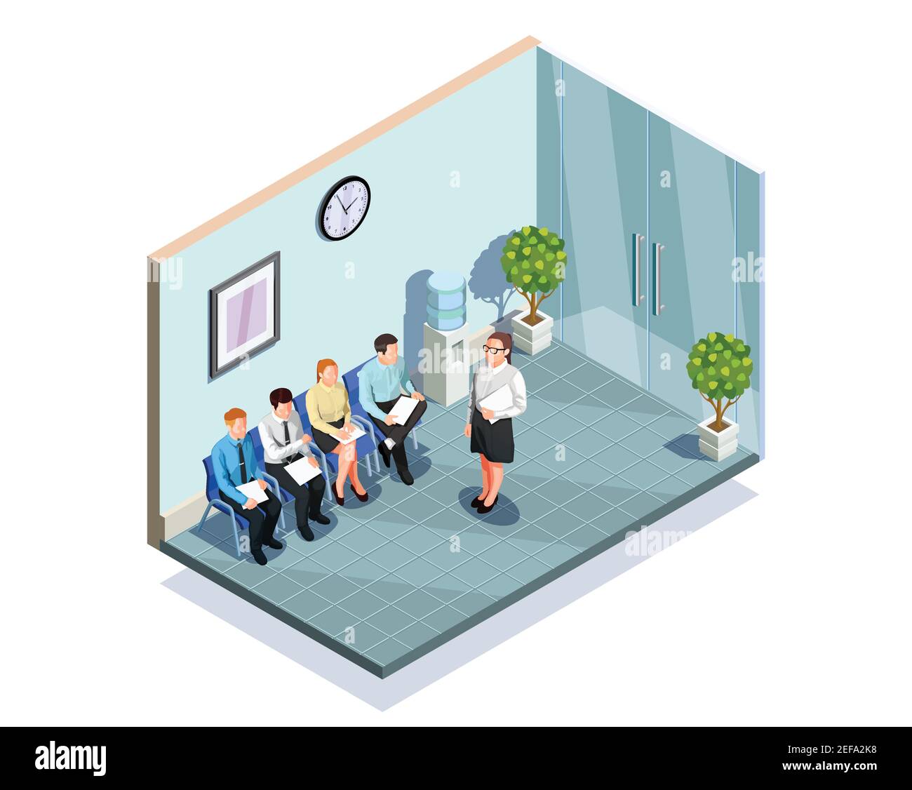 Waiting interview isometric people composition with office reception area interior and delayed job applicants human characters vector illustration Stock Vector