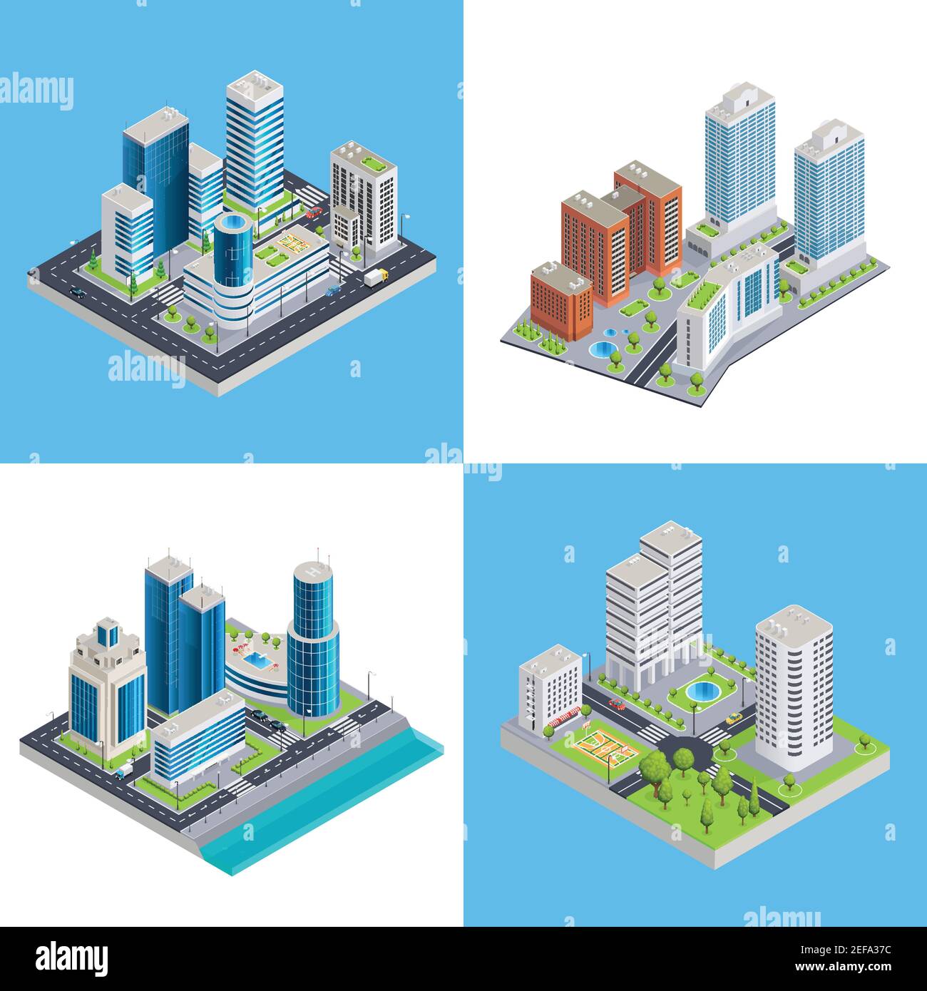 Modern city isometric compositions with commercial buildings and residential houses road infrastructure and transportation isolated vector illustratio Stock Vector