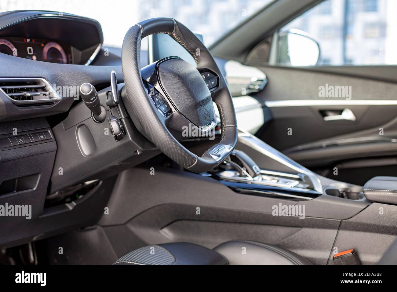 driver's seat and steering wheel interior of modern fashionable car ...
