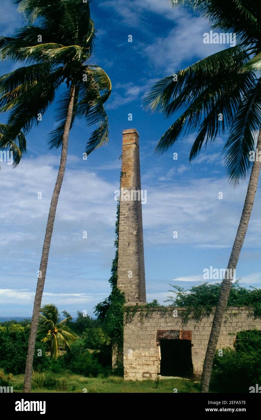 Low angle view of a tall smoke stack and a satellite dish, Barbados, Caribbean Stock Photo