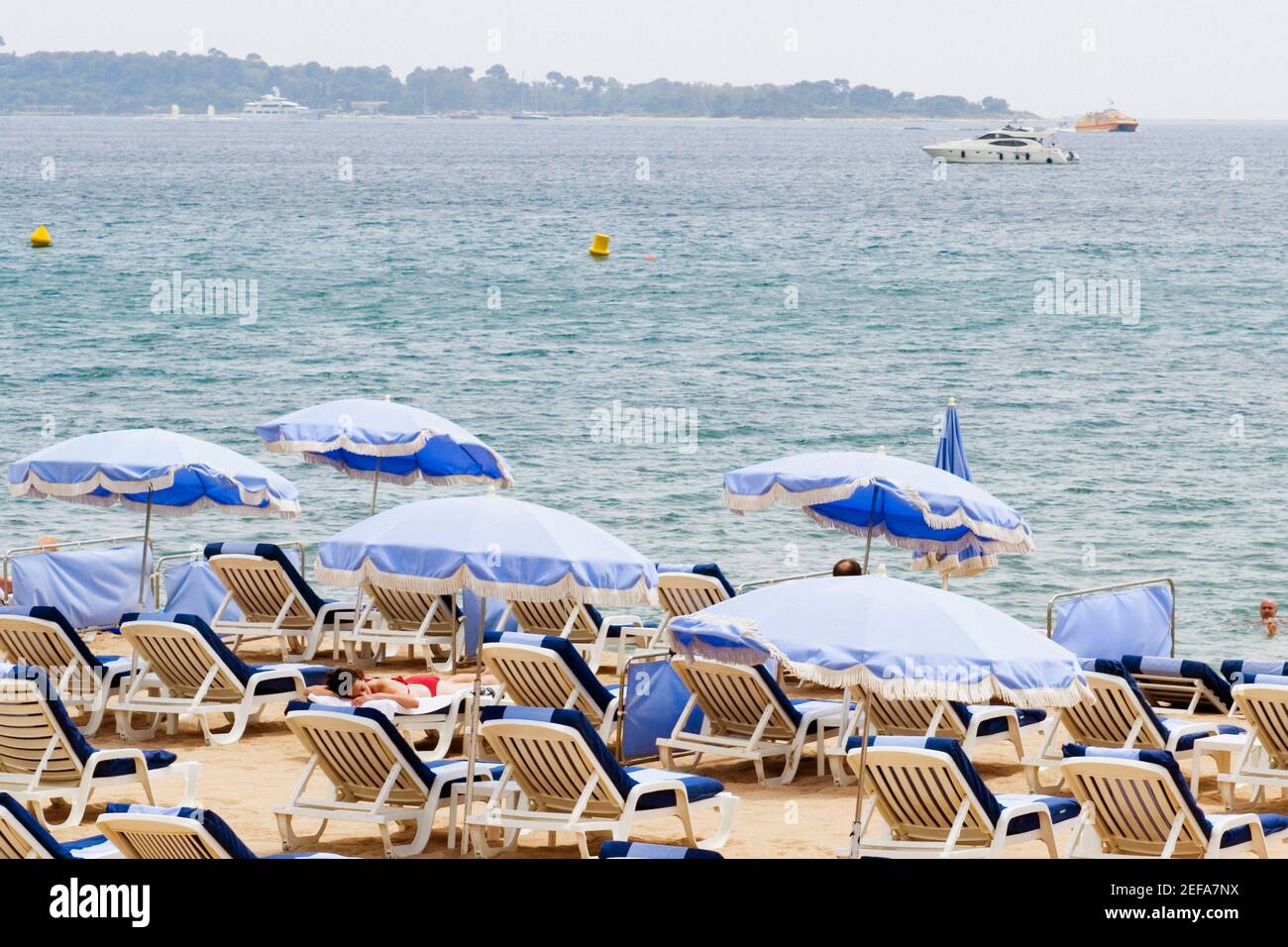Lounge chairs and beach umbrellas on the beach, Plage De La Croisette, Cote dÅ½Azur, Cannes, Provence Alpes Cote DÅ½Azur, France Stock Photo